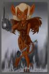 bodysuit devil_ears devil_tail devil_wings earring fire gadget horn magic red_eyes skull trzaraki wand wings // 693x1020 // 299.6KB
